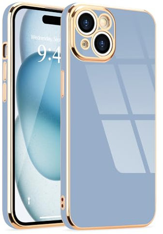 Lafunda for iPhone 15 Case, Luxury Plating for Womens Gilrs Case, Full Camera Protection Soft TPU Bumper Cover, Shockproof Silicone Slim Phone Case for iPhone 15 6.1, Blue Grey