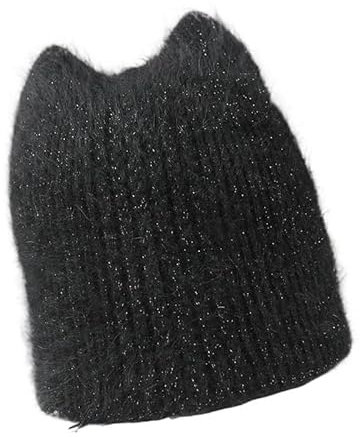 Schlichtes Mädchen Angora Hasenohren Beanie Mütze für Damen Winter Skullies Warme Wolle Panama Mode Gorros Weibliche Kappe (Farbe: Schwarz, Größe: Einheitsgröße)