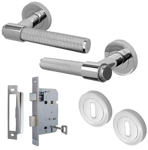 Betley Butterfly Knurled Door Handles Key Locking Set Chrome Loop & Neck Lever on Round Rose Latch Handle Pack for Internal Wooden Doors for Home and Office Luxe
