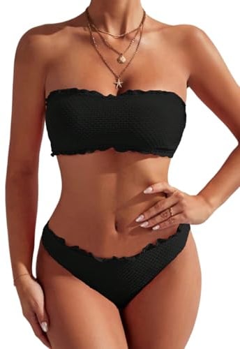 GORGLITTER Bikini Damen Set Bikini Trägerlos Bandeau Bikini mit Wellensaum Bikini Set Zweiteiler Badeanzug Bademode Swimsuit Schwarz L