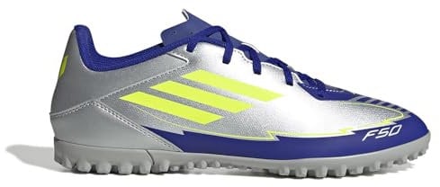 adidas Unisex F50 Club Football Boots Turf, Silver met./Solar Yellow/Lucid Blue, 10 UK
