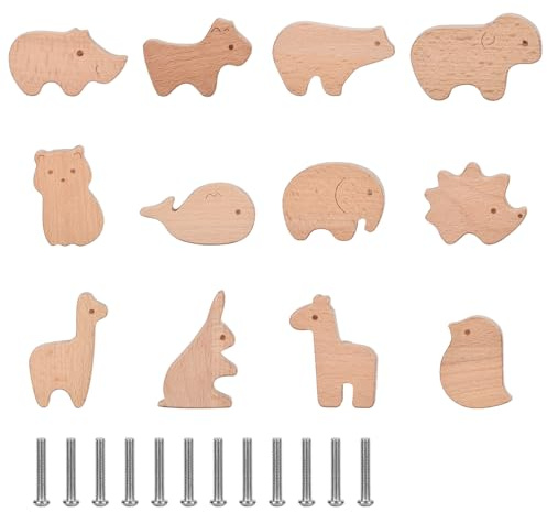 Funnytek 12PCS Tier Holz Schubladengriff, Tierform Möbelknöpfe Kinder | Schrankknöpfe Holz fur Kinderzimmer Holz Schubladengriff,Holzknöpfe Schrank, Schrankknöpfe Mit Schrauben