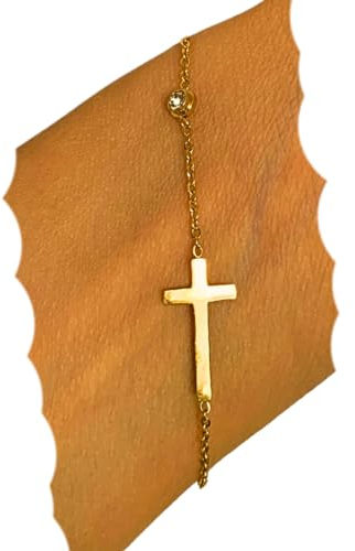 NataschaWoge® 18 K Gold Kreuz minimalistisch Armband zierliches kleines Sun Hollow Boho Geschenk für Sie spiritueller Schmuck Goldschmuck