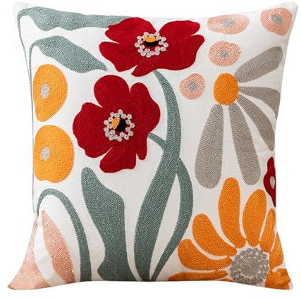 Federa Cuscino 45x45 cm Fiori Ricamato Federe Cuscino - Fodere Cuscini Decorativi per Divano, Soggiorno, Patio e Giardino - Copri Cuscini da Divano,Motivo Crisantemo e Ibisco
