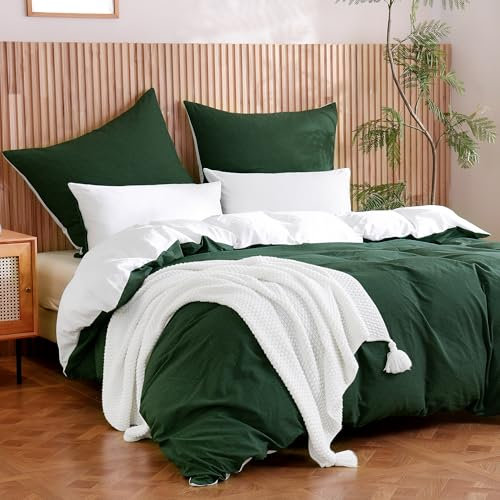 ATsense Bettwäsche 155x220 Baumwolle, Dunkelgrün Bettwäsche-Sets 100% Gewaschene Baumwolle mit Leinen Textur, Oeko-TEX für Allergiker 1 Bettbezug mit 1 Kissenbezüge 80x80 cm
