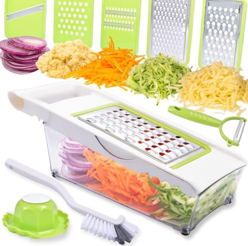Katleay 5 en 1 Cortador de Verdura, Rallador de Verduras Manual, Mandolina de Cocina Multifuncional, Cortador Verduras Profesional Ajustable, con 5 Cuchillas Intercambiables, para Verduras, Frutas