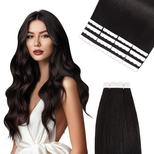 Vlasy Tape Extensions Echthaar 50cm Mini Tape in Extensions Echthaar Natürliches Schwarz Gerade Tape Haarverlängerungen Echte Menschliches Haar Natürliche Invisible Tape Hair Extensions 1B# 16 Stück