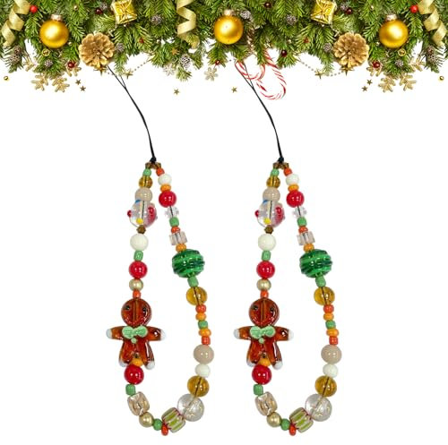 PLUSHCEWT 2Pcs Mobile Phone Charms, Sparkling Crystal Bead Lanyards, Gingerbread Man Beaded Bracelet Strap, Christmas Hand Wrist Lanyard, Cute Charms for Girls Women