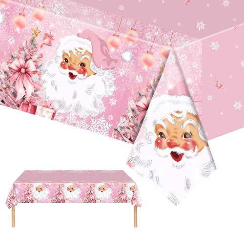 Confezione da 2 tovaglie natalizie rettangolari in plastica, 137 x 274 cm, motivo Babbo Natale rosa, grandi tovaglie per feste di Natale, vacanze invernali, decorazioni da tavola rosa