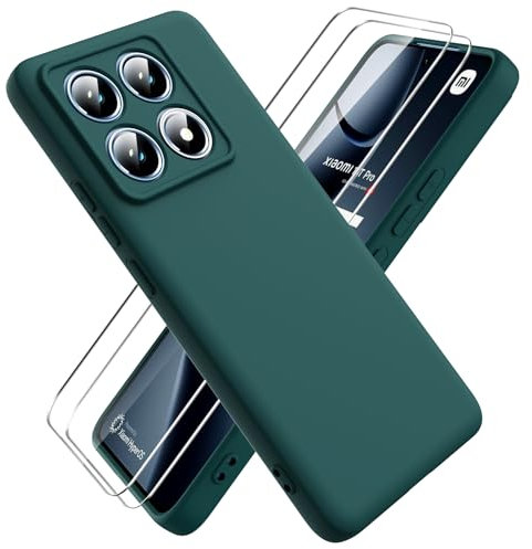 Ikziwreo Cover per Xiaomi 14T Pro, 2 Proteggi Schermo in Vetro Temperato,Custodia in Silicone Morbido TPU Liquido,Case Protettiva Gomma Antiurto - Verde Notte