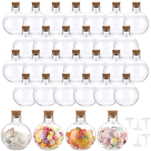 SUMTree 30Pcs Sandkunst Flasche Sandflaschen mit Kork Transparent Kunststoffflaschen zum Deko DIY Plastikflaschen für Bonbon, Saft, Wunschsterne, Tee, Kräuter (Kugelform, 150ml, mit 5 Trichtern)