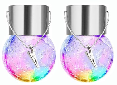 Hanging Solar Lights, Colored Decorative Cracked Glass Ball Lights，Waterproof LED Spherical Lighting with Hook and Clip for Garden Yard Christmas Tree Umbrella Holiday Decoration(Colorful) 2 Pack