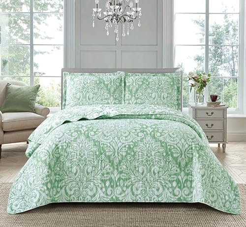 Householdfurnishing 3 Piece Printed Patchwork Bedspread Quilted Bed Throw Comforter with Pillow Shams (Royal Damask Green, Single)