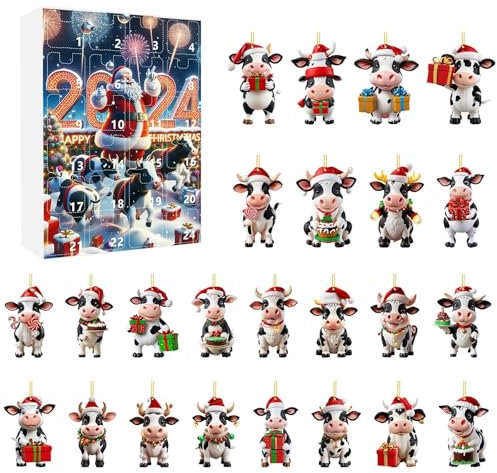 Kuh Adventskalender 2024, 2D Acryl 24 Tage Xmas Überraschungen Kuh Hängende Ornamente, Weihnachten Countdown Kalender, Weihnachten Urlaub Adventskalender Weihnachtsbaum Ornamente Anhänger