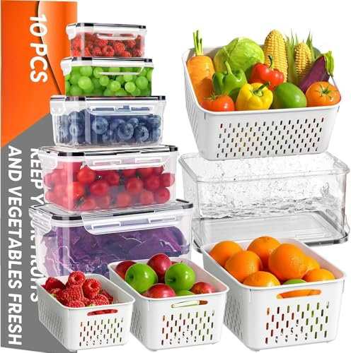10 PCS Fruit Storage Containers for Fridge with Removable Colander, All-In-One Vegetable Berry Storage Containers for Washing, Draining, Freshness, the Largest Size with Handles(M)