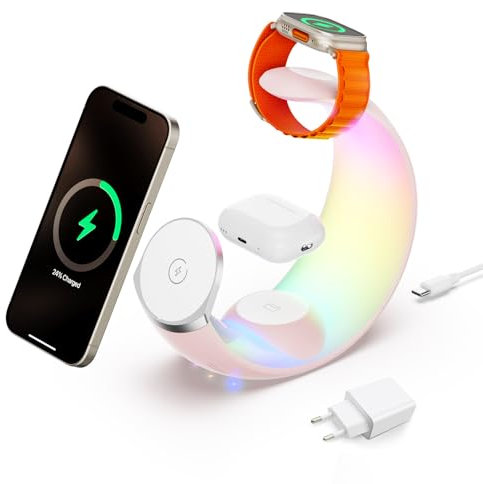 4 in 1 Ladestation für Apple, magnetisches kabelloses Ladegerät für iPhone 16 15 14 13 12 11 9 8 alle Serien mit RGB-Nachtlicht & für Apple Watch Ladegerät & für AirPods 4 mit ANC/3/2/Pro