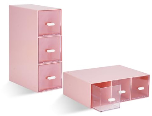 DIBALIYI 2PCS Plastic Tea Box, Easy Access Pink Tea Bag Storage with 3 Drawers, Clear Lid Coffee Bag Organiser, Coffee Storage for Sugar Sachets, Tea Bags (2PCS Pink)