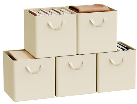 WOLTU Fabric Storage Boxes Set of 5, Collapsible Cube Baskets with Handles and Metal Frame, Wardrobe Organisers for Bedroom, Living Room, Study, Linen, Cream, 29.5x29.5x28.5cm