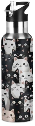 Woltant Black White Cat Vacuum Insulated Stainless Steel Water Bottle 600 ml Sports Water Bottle With Straw Leak-Proof for Work Travel Gym
