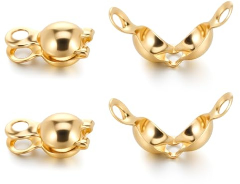 100 Pcs 18K Gold Copper Crimp Beads Cover for Jewelry Making, 4mm 18K Gold Crimp Beads to Secure Jewelry Strings, Clamshell Fold-Over Golden Crimps Bead Cover for DIY Bracelets Necklaces Earring