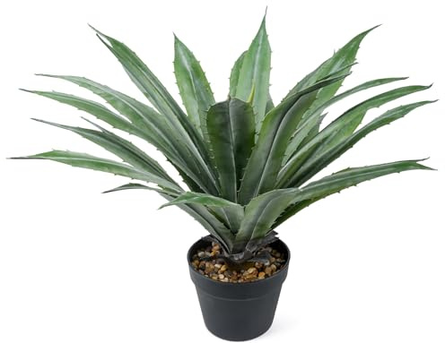 Velener Pianta di agave artificiale in vaso nero con ciottoli di pietra vera, grandi piante di agave finta con foglie seghettate verdi, yucca finta per interni ed esterni, altezza 68 cm, 29 foglie
