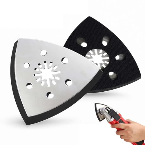 Joyek 2er Set Dreieck Schleifplatte 93mm – Ersatz Schleifteller für Multitool – Edelstahl Schleifaufsatz mit Klett für Holz, Metall, Kunststoff Schleifen und Polieren