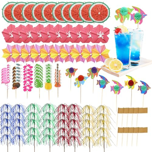 150 PCS Cocktail Accessories for Drinks, Cocktail Party | 3D Paper Cocktail Umbrellas Sparklers, Reusable Cocktail Set for Summer Beach Party Food Drink Decoration