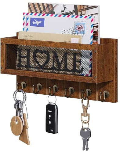 Niciksty Wooden Wall Mount Key & Mail Organiser with 6 Key Hooks, Brown | farmhouse decorative style, fits entryways for home decor, store mail or file, hang up keys, clothes, umbrellas