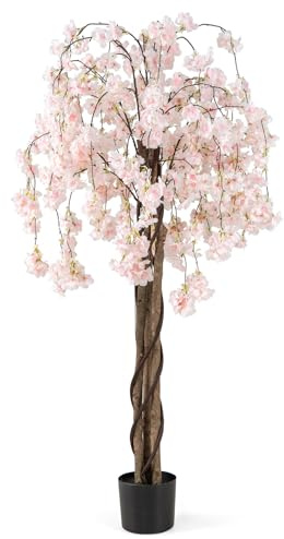 COSTWAY 150CM/163CM Tall Artificial Cherry Blossom Tree, Fake Blooming Flower Tree in Cement Pot with Pink/White Flowers, Faux Floral Potted Plant for Office Home Wedding (1, White+Pink, 163cm)