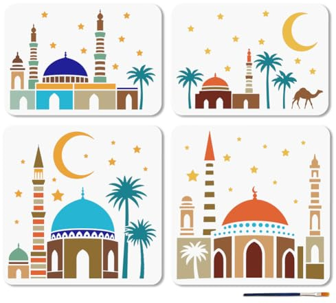 MAYJOYDIY 4 Pcs Nahen Osten Architektur Schablone Nacht Szene Malschablonen Gebäude Sterne Mond Zeichenvorlage Mit Pinsel Für Wand Möbel Papier Leinwand Scrapbook Dekor