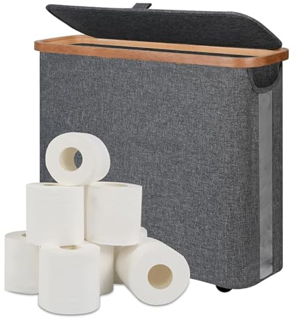Freestanding Toilet Paper Holder with Bamboo Lid, 30L Toilet Roll Storage Box & Organiser for 12 Rolls, Space-Saving Bathroom Storage Basket (Gray)