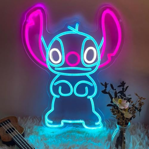 Applique murale néon à DEL pour Stitch - Bleu et rose - Intensité variable - 40,6 x 31,8 cm - Alimentée par USB - Décoration de chambre de fille - Cadeau de Noël ou d'anniversaire