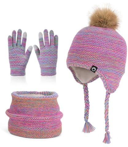 Wokuaile Kinder Wintermütze Schal Handschuhe Mädchen Set Warme Wintermütze Beanie Hut Loop Schal Set für Jungen 4-10 Jahre