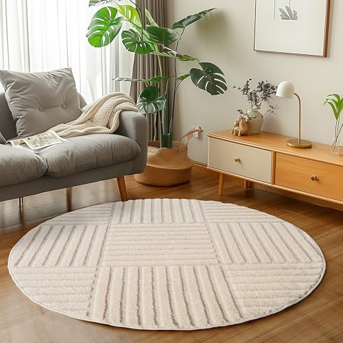 Carpetsale24 Wohnzimmer Teppich Rund 200 cm Creme Hochflor Skandi Boho Karo Design Hoch-Tief Effekt Weicher Shaggy Langflor Flauschig Robust Pflegeleicht Modern für Schlafzimmer