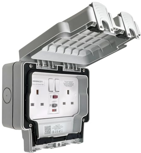 Double Outdoor RCD Switched Socket 2 Gang, IP66, Wall Mounted, Grey ODSRCD1