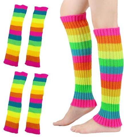 GYIOFAI 2 Pares Rainbow Calentadores Piernas,Accesorios Fluorescentes de Neón Años 80, Leg Warmers Calentadores de Piernas de Punto para Mujer y Hombre Uso Diario Fiestas Deportes y Baile (2 Pares)