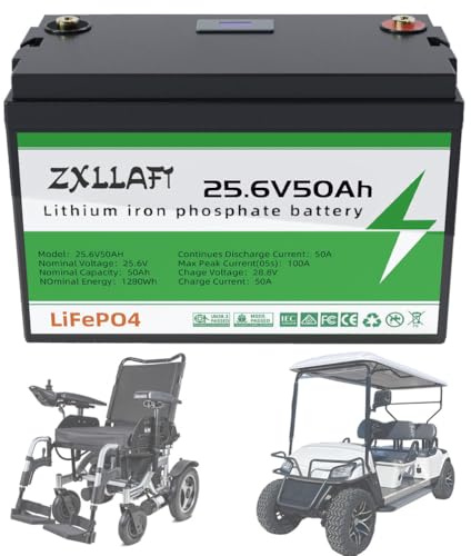 ZXLLAFT Batterie LiFePO4 25,6 V Batterie Lithium 24 V 50 Ah Batteries à décharge Profonde Batteries Rechargeables pour système Solaire, Fauteuil Roulant pour Moteur 250 W - 1280 W