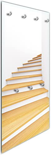 Wallario Wandgarderobe aus Glas in Größe 50 x 125 cm in Premium-Qualität, Motiv: Wendeltreppe aus hellem Holz | 7 Kleiderhaken zum Aufhängen von Jacken