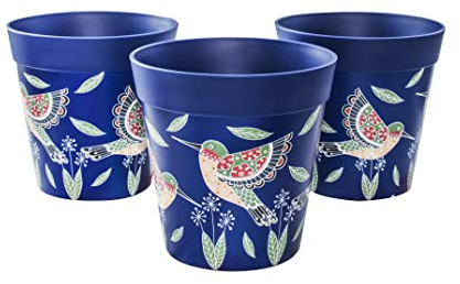 Hum Flowerpots, 15 cm, Lot de 3, Divers Motifs, Coloris et Tailles, Pots de Fleurs en Plastique Intérieur/Extérieur, Bleu Colibri