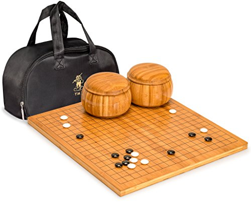Yellow Mountain Imports Bambus 2 Zentimeter Wendbar 19 x 19/13 x 13 Go-Spielbrett-Set mit Doppelt Konvexen Melamin-Steinen und Bambus-Schalen - Klassisches Strategie-Brettspiel (Baduk/Weiqi)