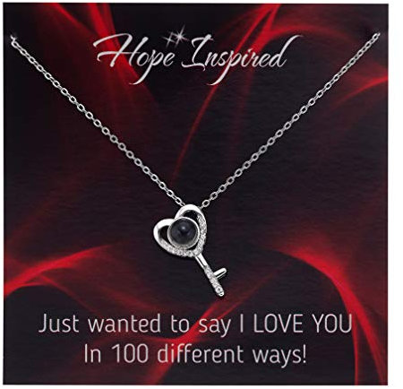 Hope Inspired I Love You Necklace 100 Languages Projection Heart Key Necklace for Women