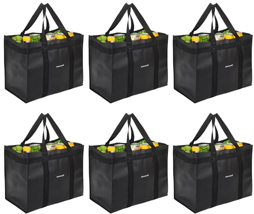 Homemell Heavy Duty Reusable Grocery Bags, Large Collapsible Tote Bag Holds 100 LBS, Extra-Strength Premium Material (Black, 6-Pack)