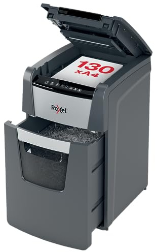 Rexel Optimum Auto Feed+ 130 Sheet Automatic Paper Shredder, Cross Cut, P4 | For Office Use, 44L Pull Out Bin, Quiet 55dBA, Anti Jam, Shreds Credit Cards, Staples and Paper Clips, 30 Minute Run Time