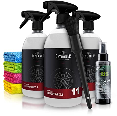 Felgenreiniger Set: Deturner Bloody Wheels 1L (3 Stk.) für eine schonende Felgenpflege + Shiny Freaks Mikrofasertücher+ chemicalworkz Detailing Pinsel Felgenpinsel | 9-tlg.