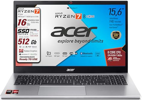 Acer Notebook Pc portatile, Cpu Ryzen 7 5825u 8 CORE, RAM 16Gb, SSD Pci NVMe da 512Gb (2 x 256Gb), Display 15,6 Full HD, 4 usb, wi-fi 6, hdmi, lan, bt, Win 11, Libre Office, Pronto all'uso