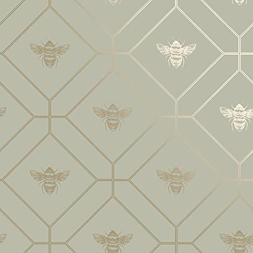 Honeycomb Bee Wallpaper Geometric Metallic Modern Gold Green