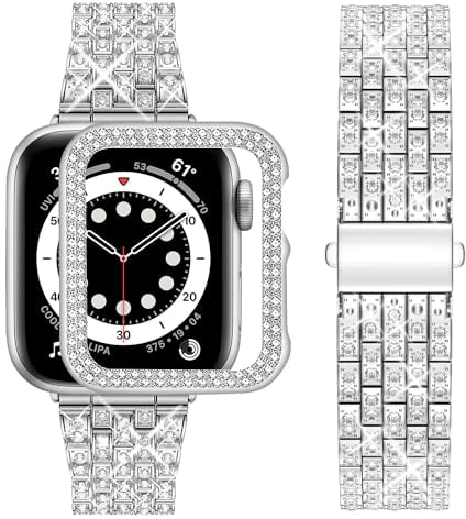 wutwuk Cinturino Compatibile per Apple Watch 44mm con Custodia Protettiva Bling, Cinturino da Donna in Metallo Scintillante per Apple Watch Series 6 5 4 SE 44mm,Argento