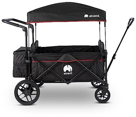 elvent® WagonPro Premium Bollerwagen/Handwagen faltbar mit Dach I 4 Sitzplätze | groß I Sitzpolster, Hecktasche, Off-Road-Reifen, Feststellbremse, 5-Punkt-Gurt I für 4 Kinder (Schwarz)