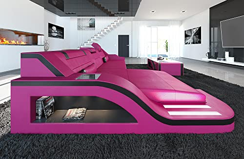 Ledersofa Palermo L Form Sofa - mit LED Beleuchtung, verstellbare Kopfstützen, Recamiere/Lederfarben wählbar/Ausrichtung wählbar (Ottomane Links, Pink-Schwarz)