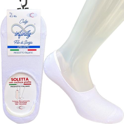 Infinity - 6 Paia Calze Fantasmini Uomo con Tecnologia Antiscivolo, Calze Filo di Scozia Uomo Corte in Puro Cotone Elasticizzato, Calzini Invisibili Corti Ideali per Mocassino (6 Paia Bianco, 43-46)